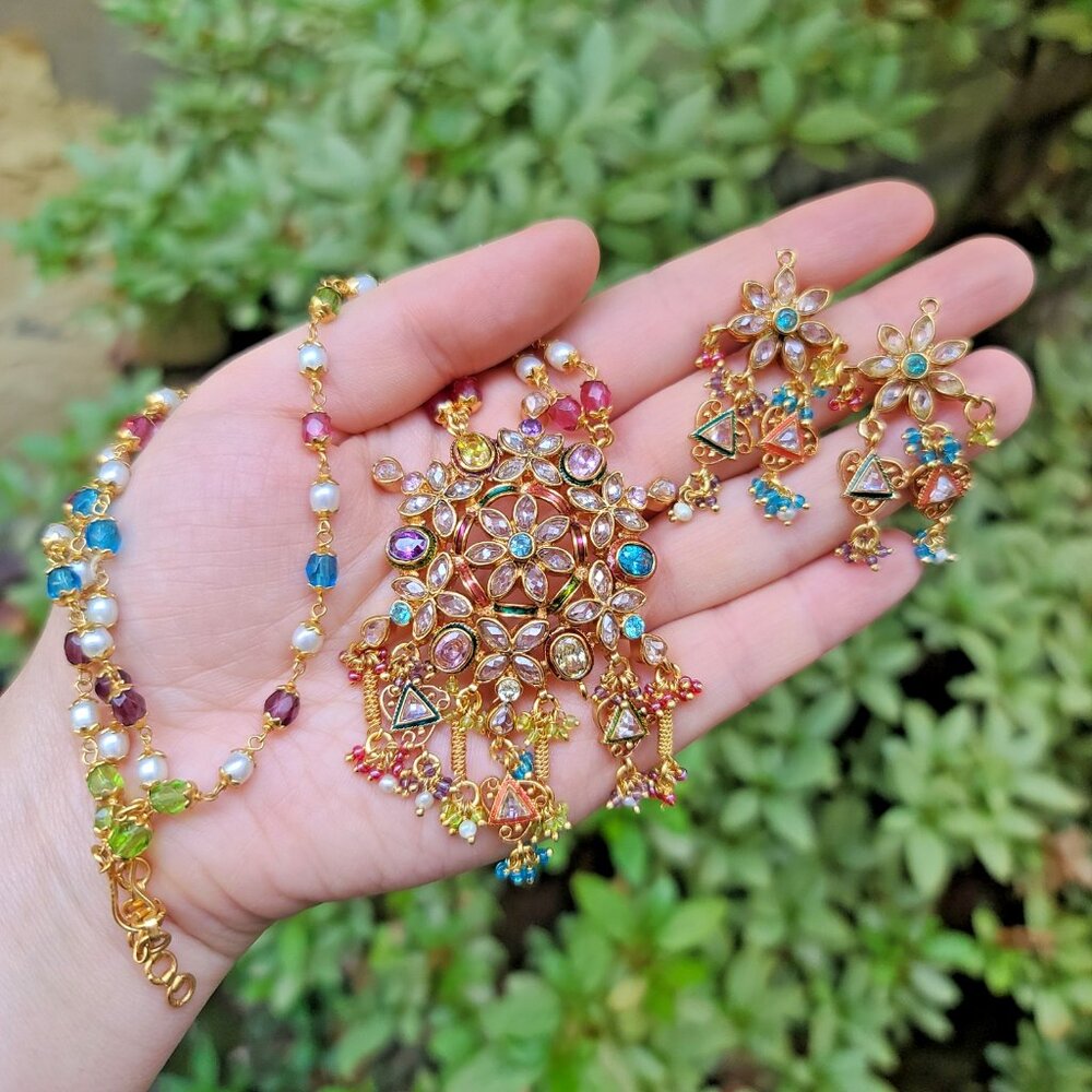 Gold Plated Indian Necklace Set w/ Multi-color Crystals, Faux Pearls, Enamels